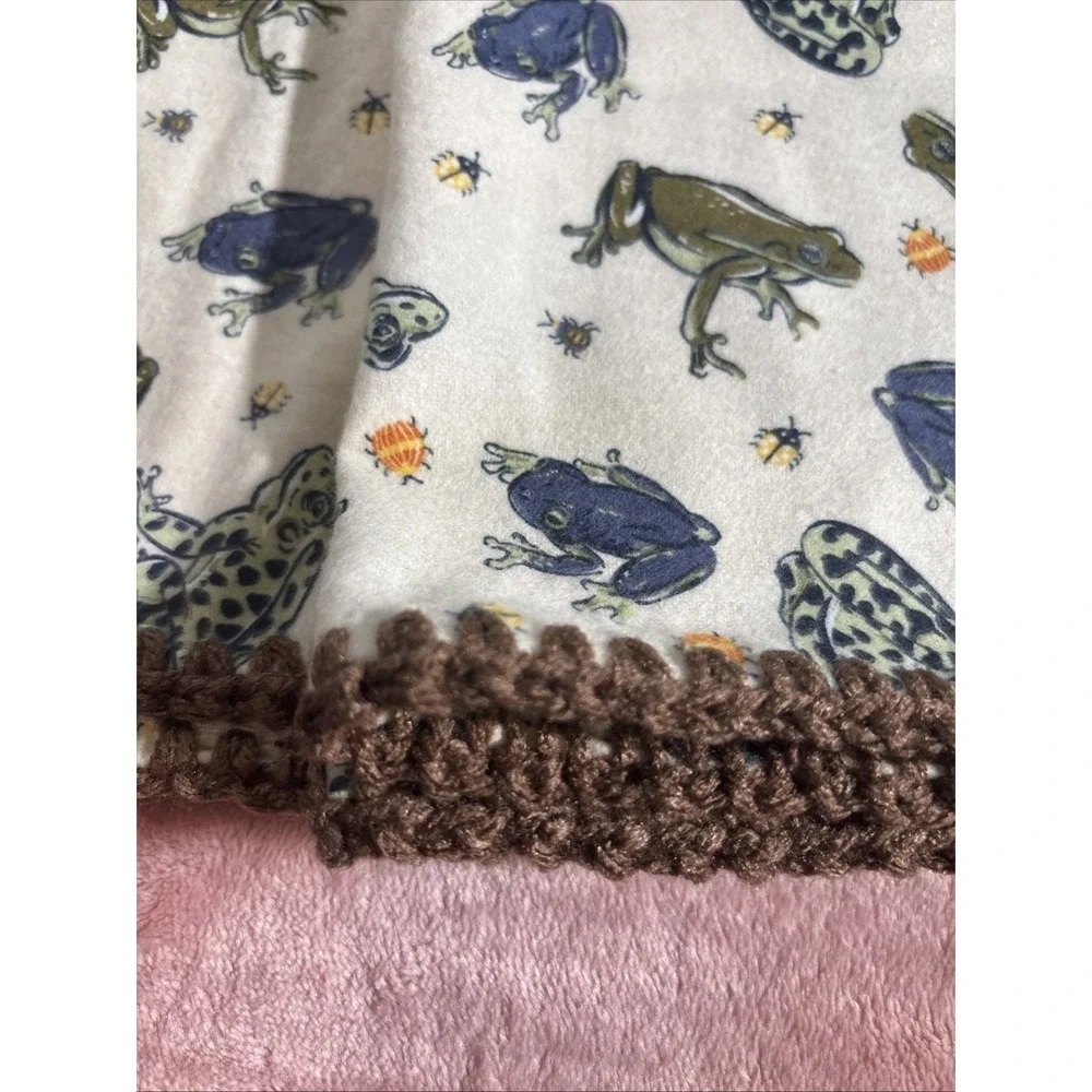 Woodland Animals & Frogs Baby Blanket Lot Of Two, Crochet Trim 42x35.